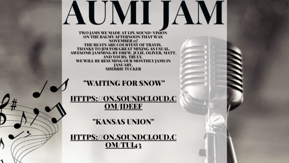 Black and white picture with a 1950s microphone on the right and music notes on left. The writing on it directs readers to the links for two songs made at our last AUMI Jam.